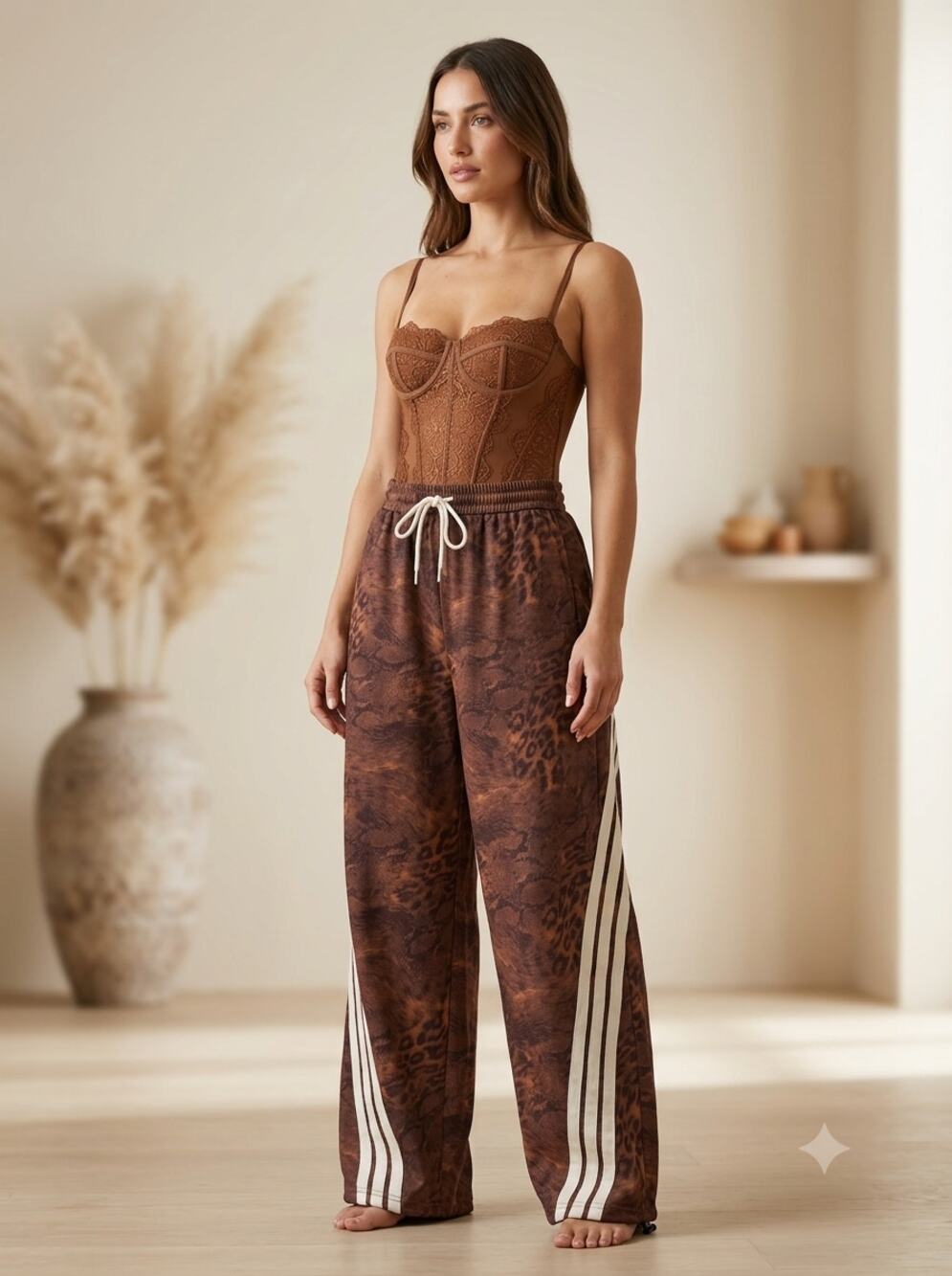 Micas 2 Piece Set Womens Leopard Wide Leg Pants L & Lace Corset Bodysuit M